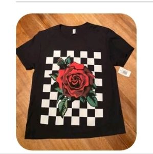Vans Womens Medium  Black Rose Checkered Graphic Logo Cotton Crew Neck T Shirt